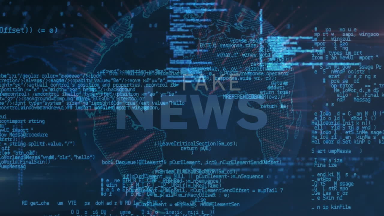 animación del procesamiento de datos sobre texto de noticias falsas y globo