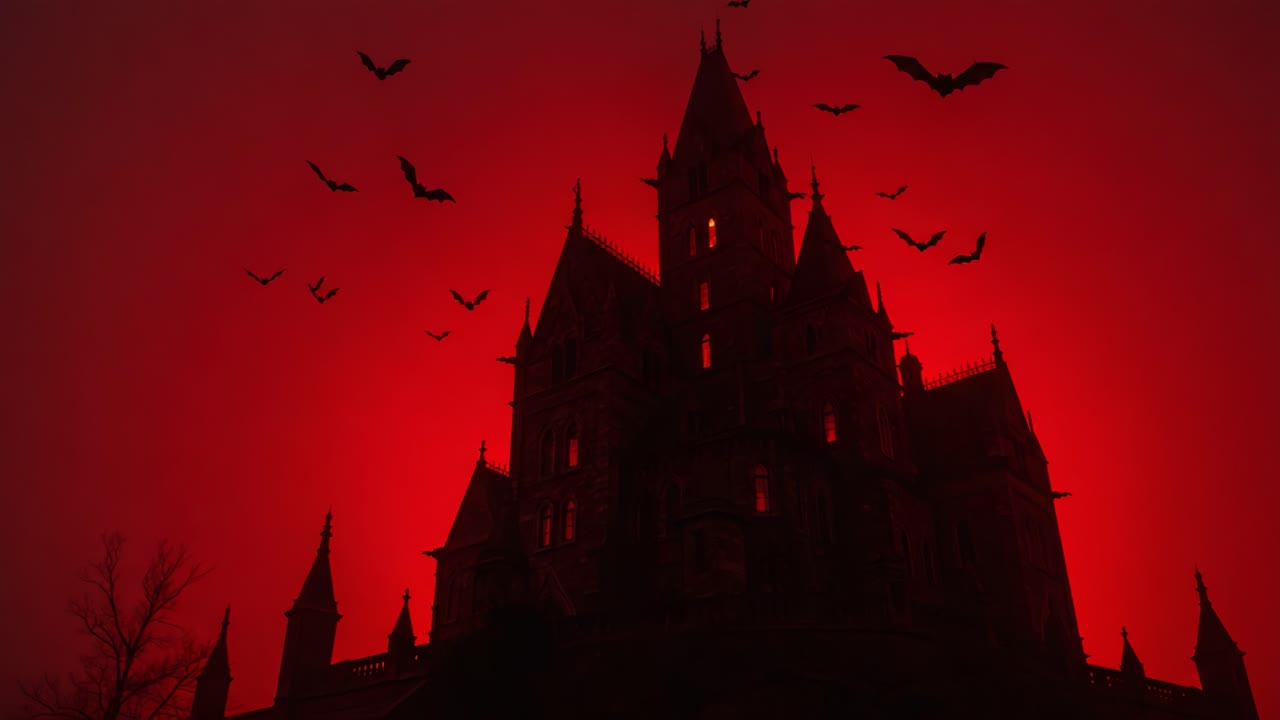 Spooky Haunted House with Bats in Red Silhouette
