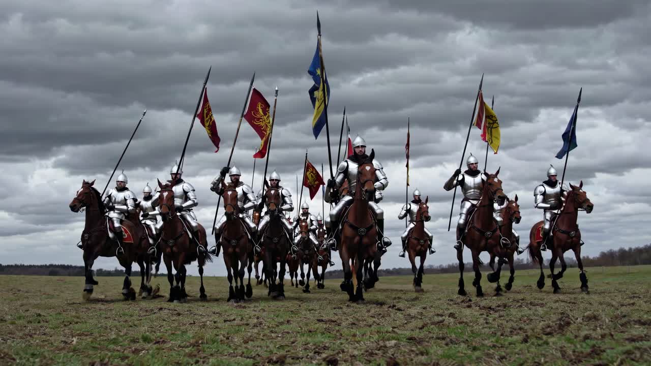 Low-angle video shot of medieval knights on horseback charging forward, holding colorful flags