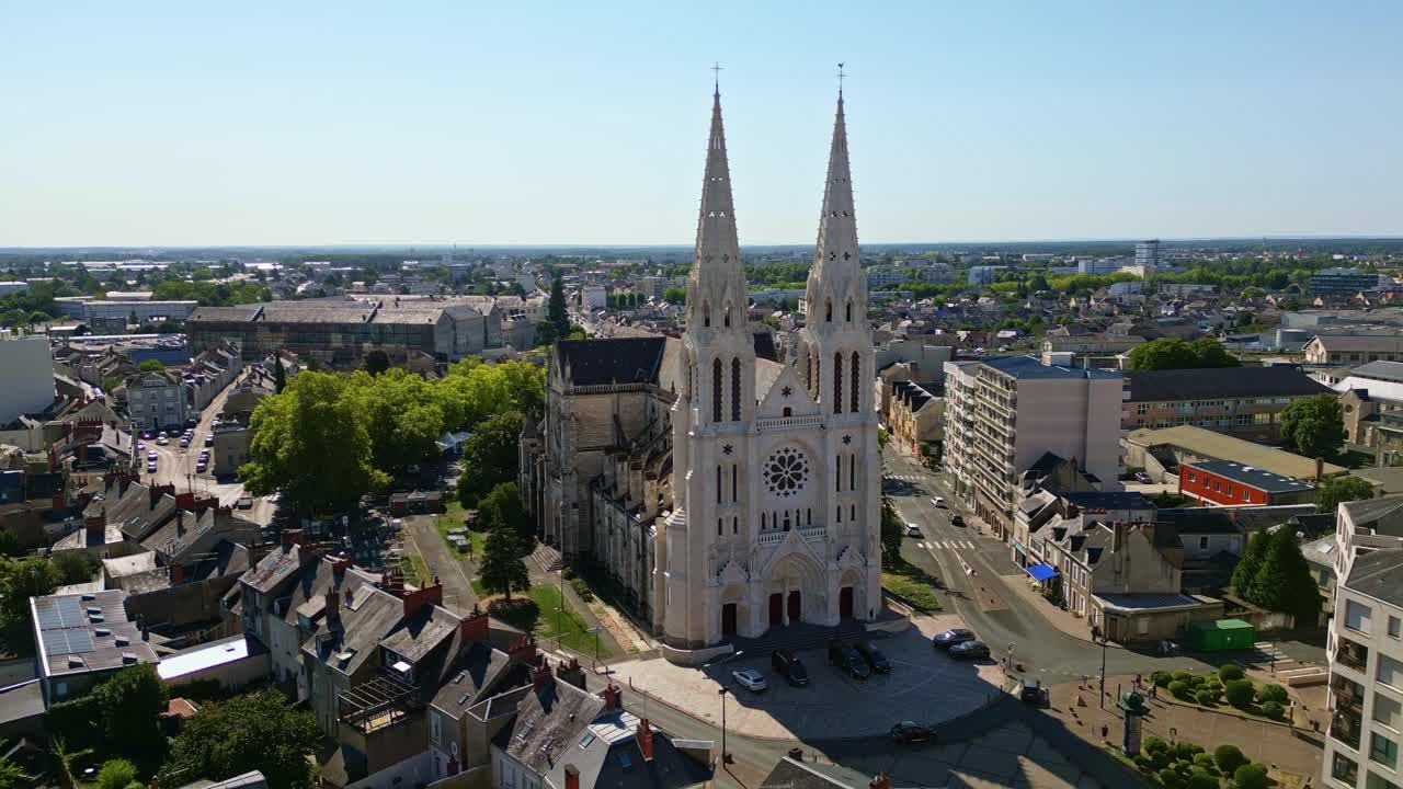 Saint-André church in Châteauroux, France. Aerial drone forward