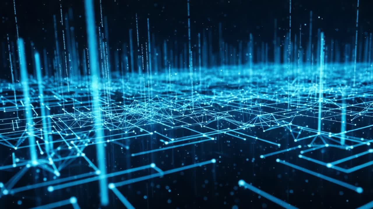 A Stunning Visual Representation of Digital Connectivity and Network Data Flow, Portraying a Dynamic Web of Light and Structure in a Dazzling Bluish Terrain