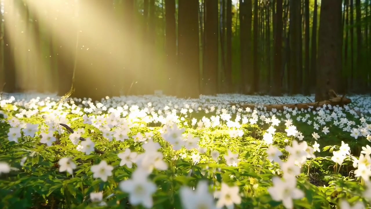 春の森、白いアネモネの花畑を照らす木漏れ日
