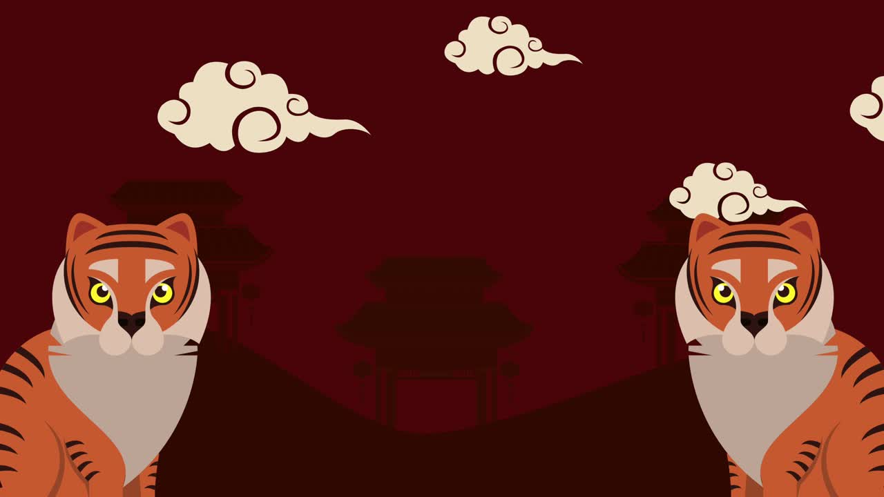 año nuevo chino tigres y pagodas escena