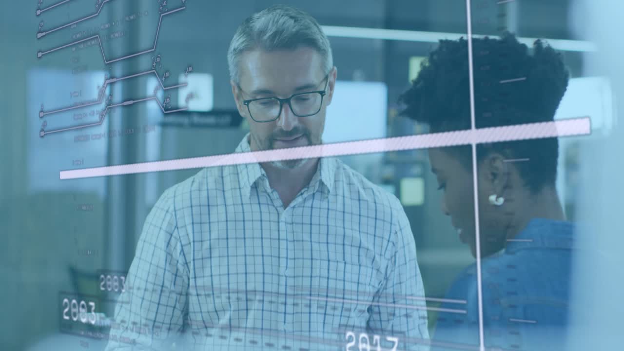 Man pointing timeline on glass, woman checking tablet and nodding, business overlay guiding review