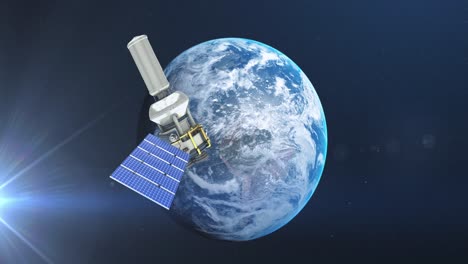 Animation-Eines-Satelliten-über-Dem-Globus,-Der-Sich-Auf-Blauem-Hintergrund-Dreht