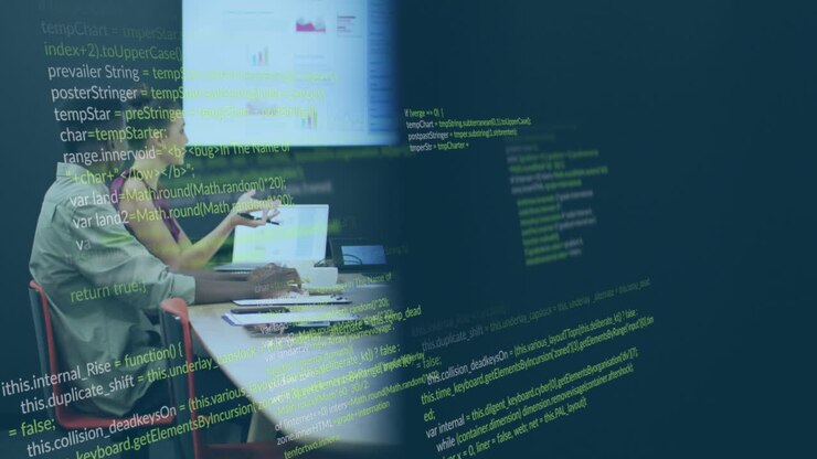 Animasi pemrosesan data keuangan atas orang-orang bisnis yang beragam di kantor