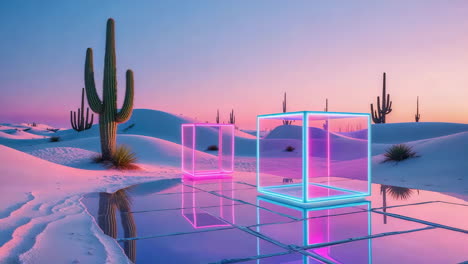 surreal desert landscape with neon cubes and reflective surface