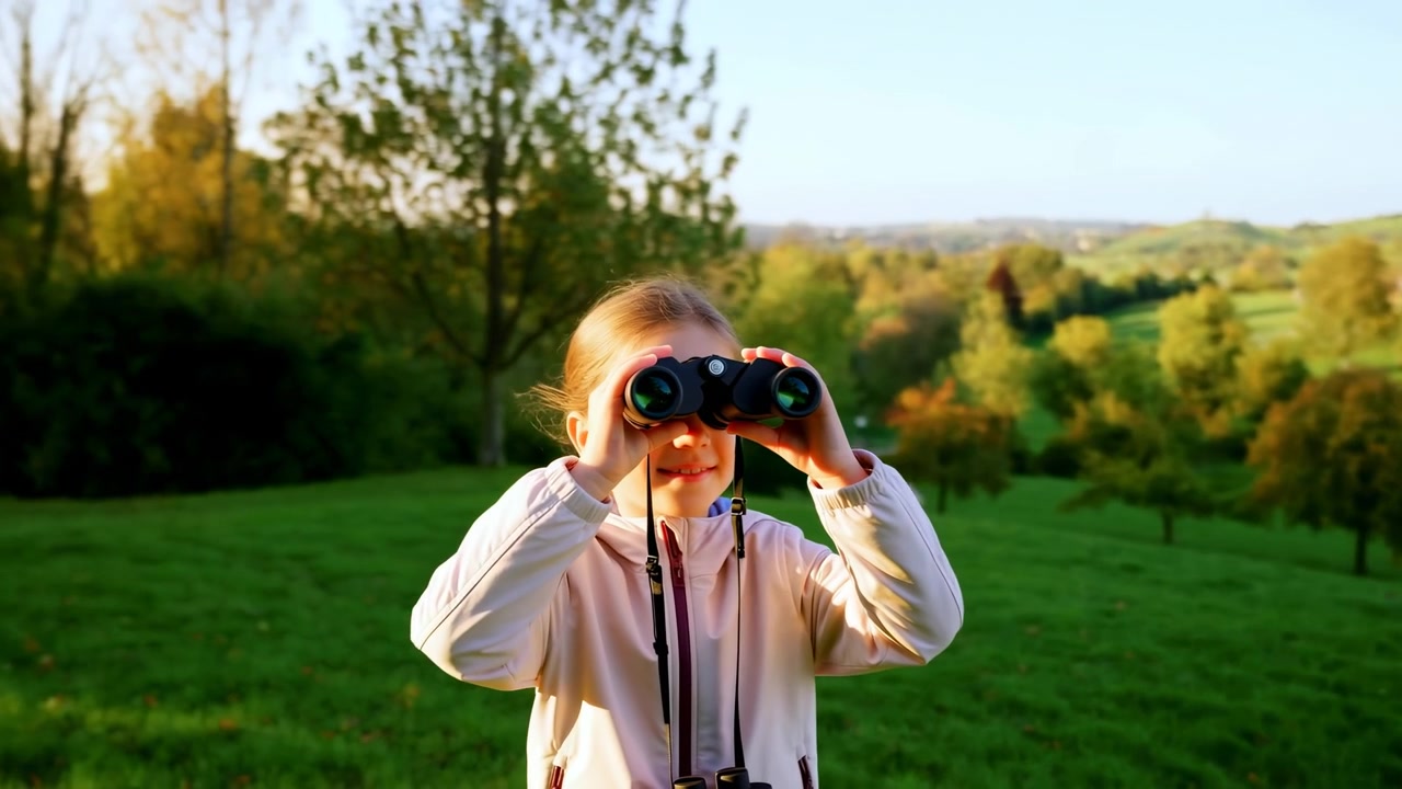 Young child keeps black binoculars raised to the eyes while standing outdoors in warm sunlight, with a pale jacket, green lawns, leafy trees, rolling terrain, and distant hills.