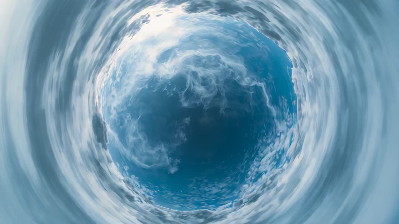Camera spinning revealing swirling cloud vortex rotating around center in sky, showing air currents