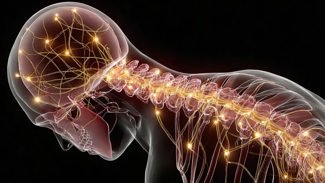 En detaljeret visualisering af det menneskelige nervesystem, der fremhæver neurale baner og forbindelser gennem rygsøjlen og hjerneområdet i imponerende klarhed