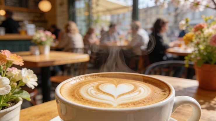 Pulling back camera, white ceramic latte cup steaming on wooden table in cafe, revealing patrons