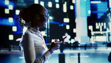 woman wandering around city with phone