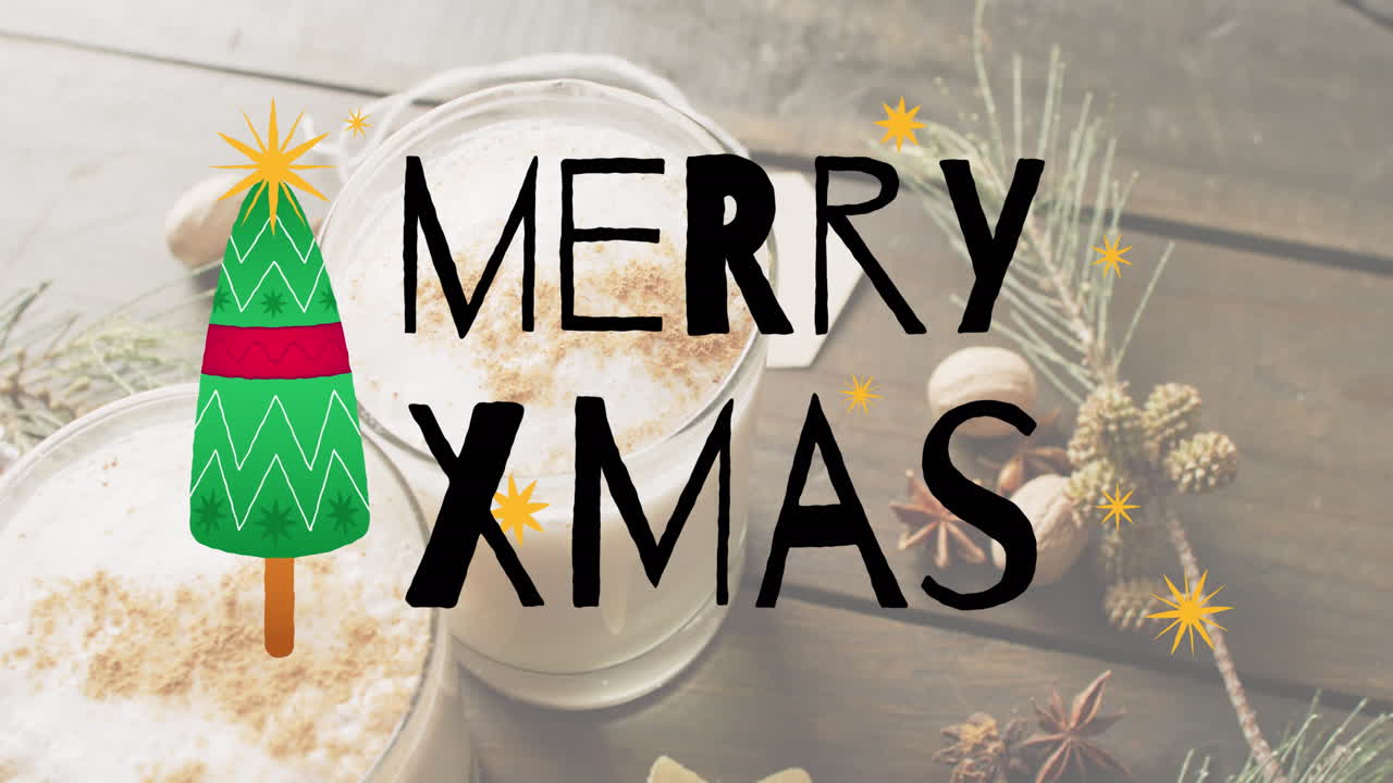 우유 와 크리스마스 장식 위 에 있는 크리스마스 인사 문자 의 애니메이션