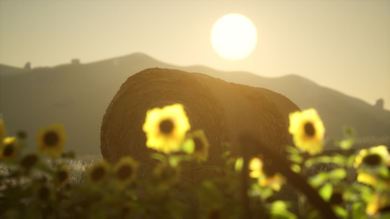 балы сена на закате солнца