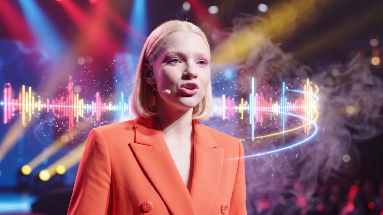 A captivating performer stands on stage with dynamic lighting and vibrant visuals, engaging the audience with a confident presence and energetic atmosphere.