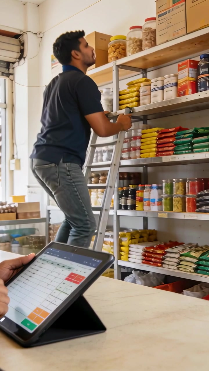 Video verticale: Dopo il tocco sul tablet, un uomo in polo blu navy sale una scala e rifornisce barattoli in un negozio.