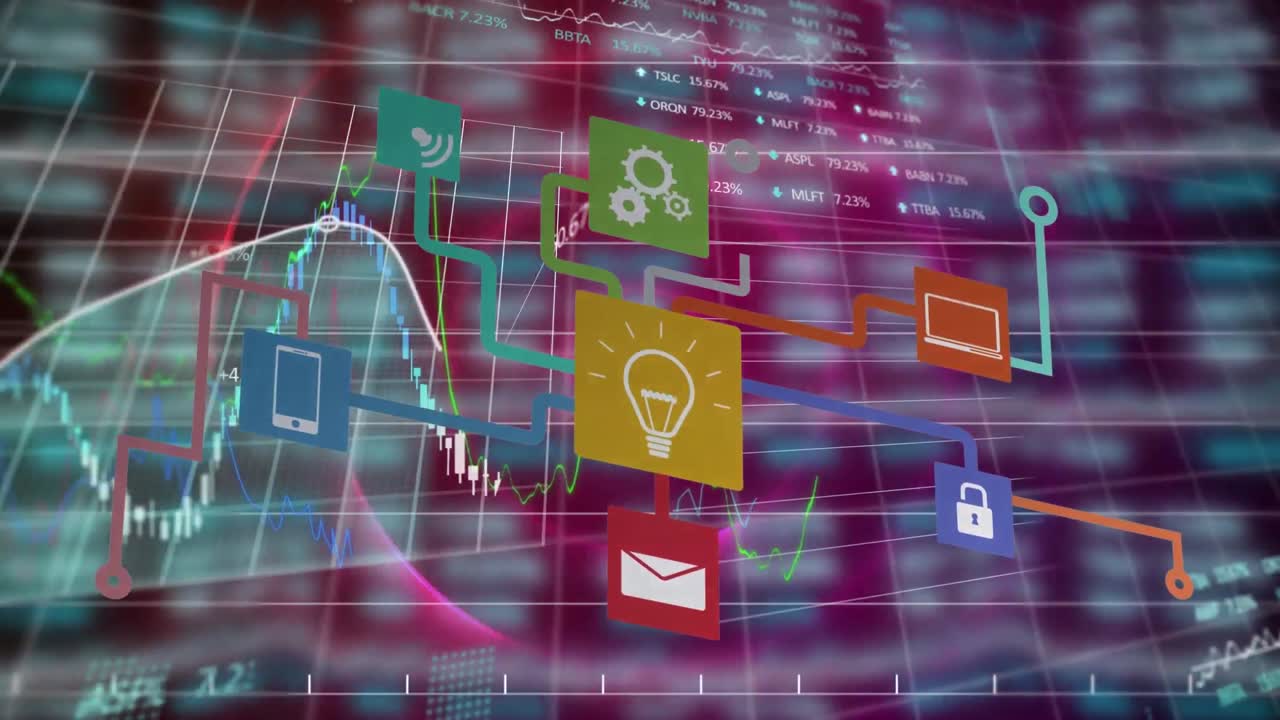 animación del diagrama de flujo de iconos con múltiples gráficos y tablero de negociación contra el patrón circular.