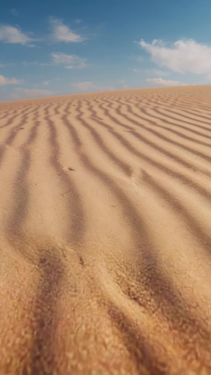 Video verticale: camera con movimento panoramico che sale da un angolo basso, rivelando le increspature delle dune e le impronte nel deserto