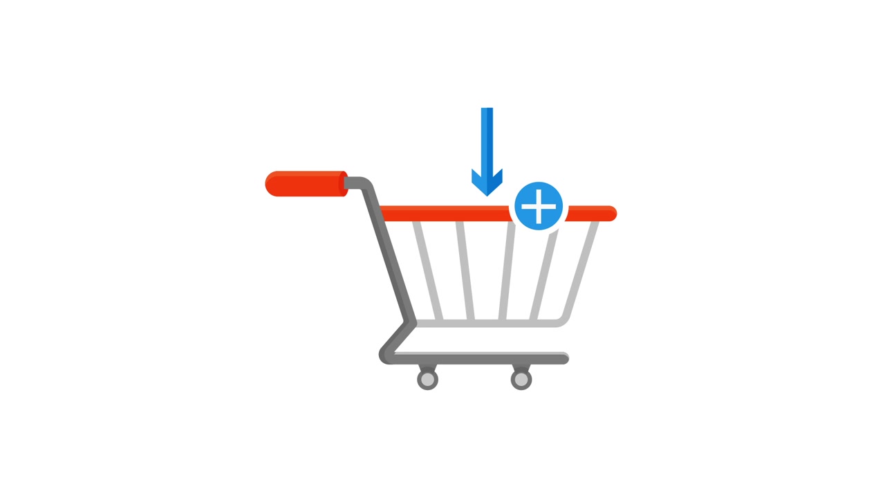 Carrito de compras animado con icono de añadir al carrito sobre fondo blanco