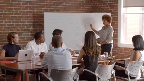 Geschäftsfrau-Am-Whiteboard-Hält-Präsentation-Im-Sitzungssaal