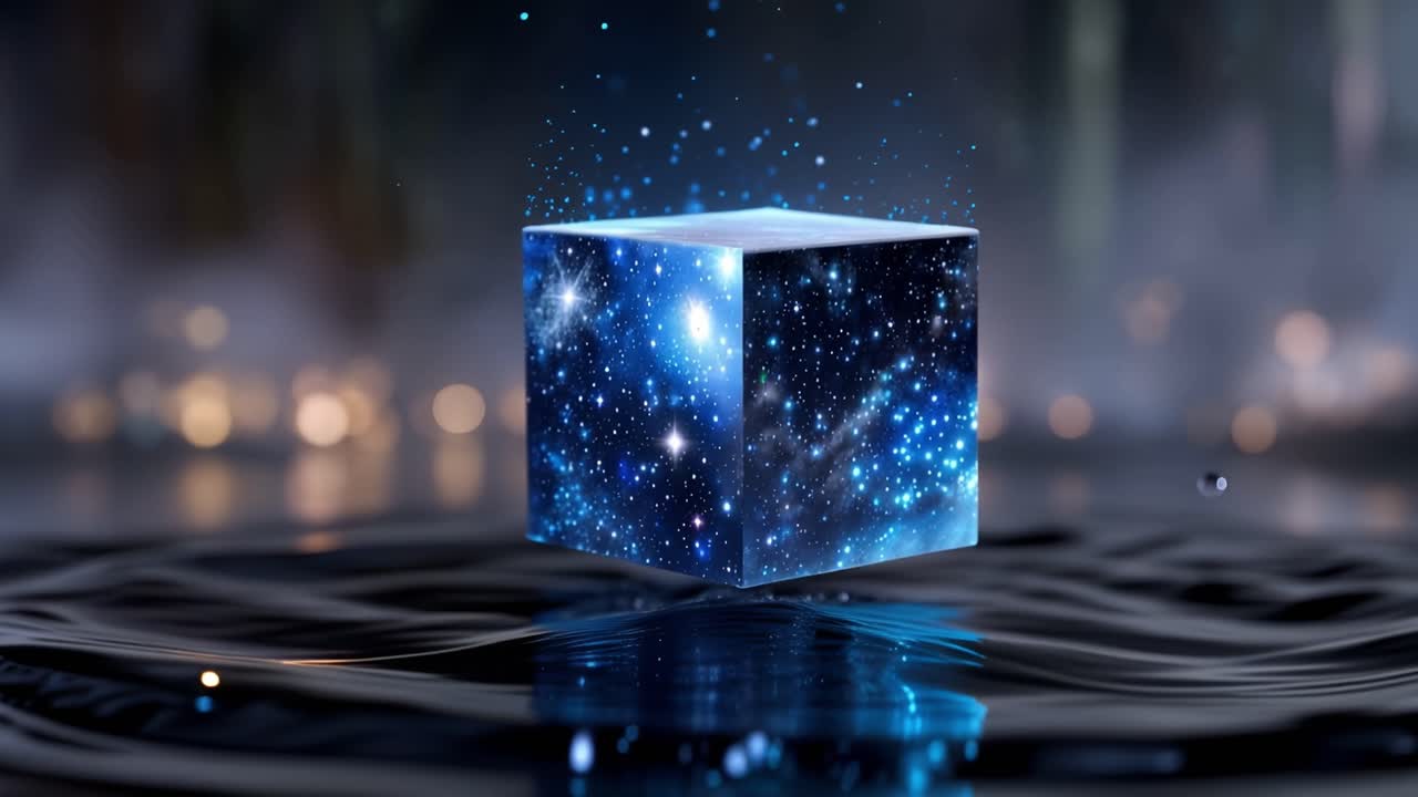 Glowing Cosmic Cube Floating Above Water with Sparkling Particles