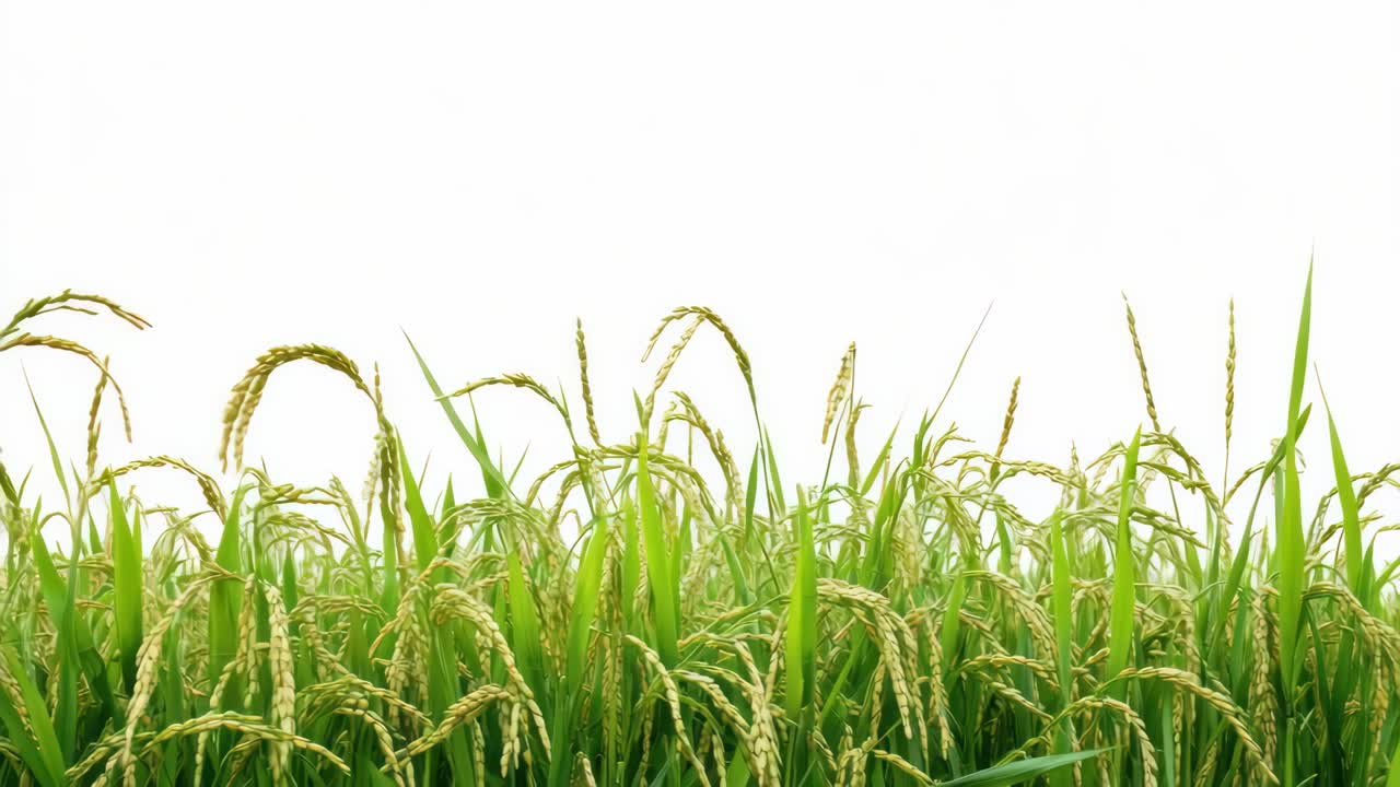 Low-angle shot of lush green rice plants against a white sky, ideal for a serene nature video
