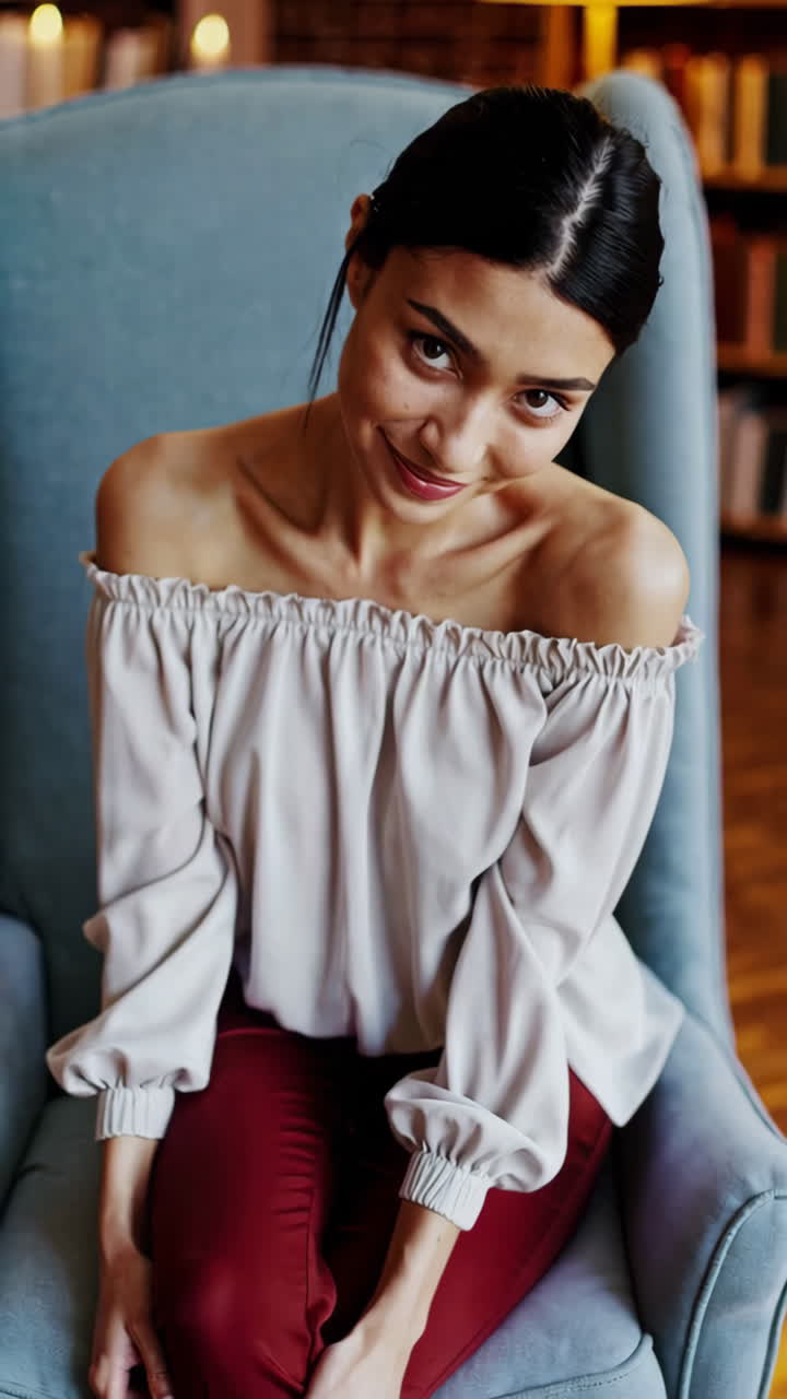 Woman in off-the-shoulder top and red pants, sitting in a chair