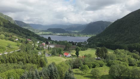 picturesque view of the ardal village at ardalsfjorden in vestland county, norway. aerial drone shot