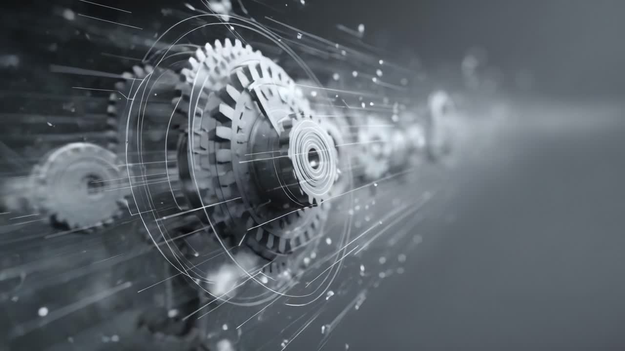 An Intricate Display of Mechanical Gears and Data Flow, Showcasing the Intersection of Engineering and Digital Innovation in a Futuristic Setting