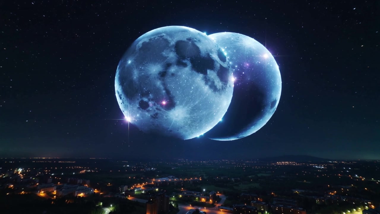 Showing sequence starting with two glowing moons overlapping, revealing craters above town lights