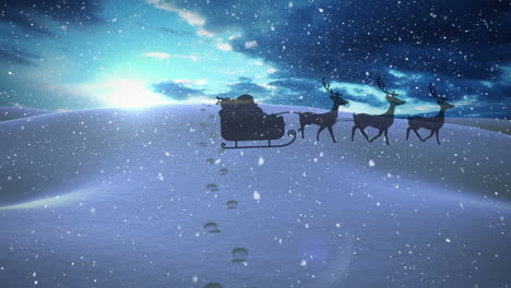 snow falling over santa claus in sleigh being pulled by reindeers against winter landscape