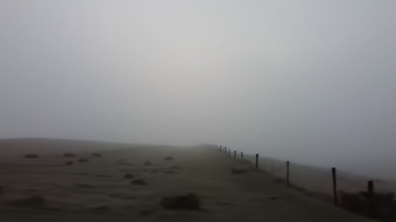 Soft mist blankets the coastal landscape, creating an ethereal atmosphere. The distant fence outlines rolling hills under a muted sky, evoking a sense of tranquility and solitude.