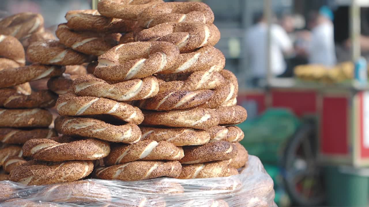 Stacks of Traditional Turkish Simit Bagels with Sesame Seeds