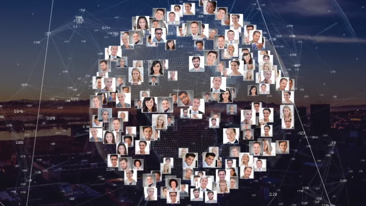 도시 풍경 위의 사람들과의 연결 네트워크의 애니메이션 사진