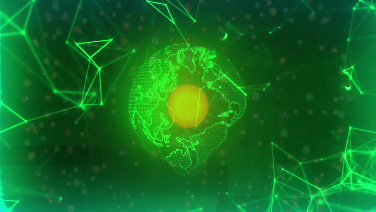 globo verde brillante con animación de conexiones de red sobre fondo oscuro