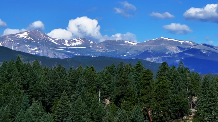 Spring Summer Mount Blue Sky Evans aerial drone parallax Conifer Evergreen Colorado snowmelt sunny morning Rocky Mountains landscape North Turkey Creek Marshdale Forest Open Space circle right motion