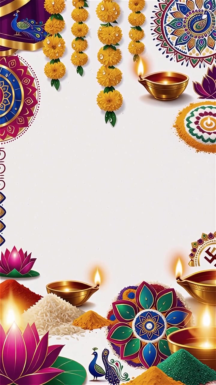 Sfondo Diwali con Diyas luminosi, Rangoli e fiori di loto