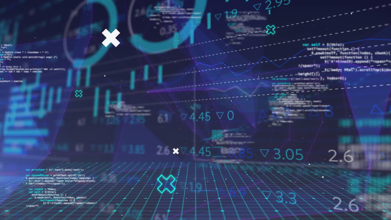 Animation of data processing and diagrams on black background