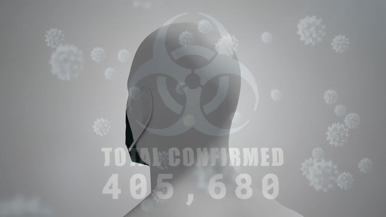 анимация знака опасности с увеличением общего подтвержденного числа и макро-ковид-19 клеток, плавающих более 3