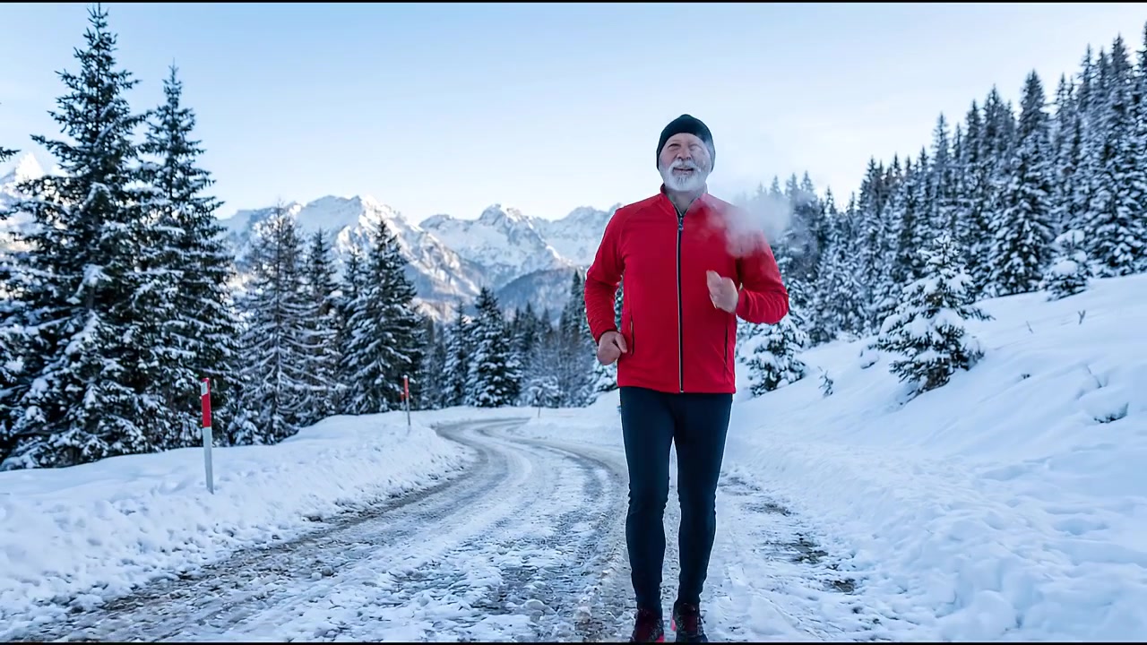 Atleta correndo em estrada de montanha nevada durante treino de fitness e resistência no inverno.