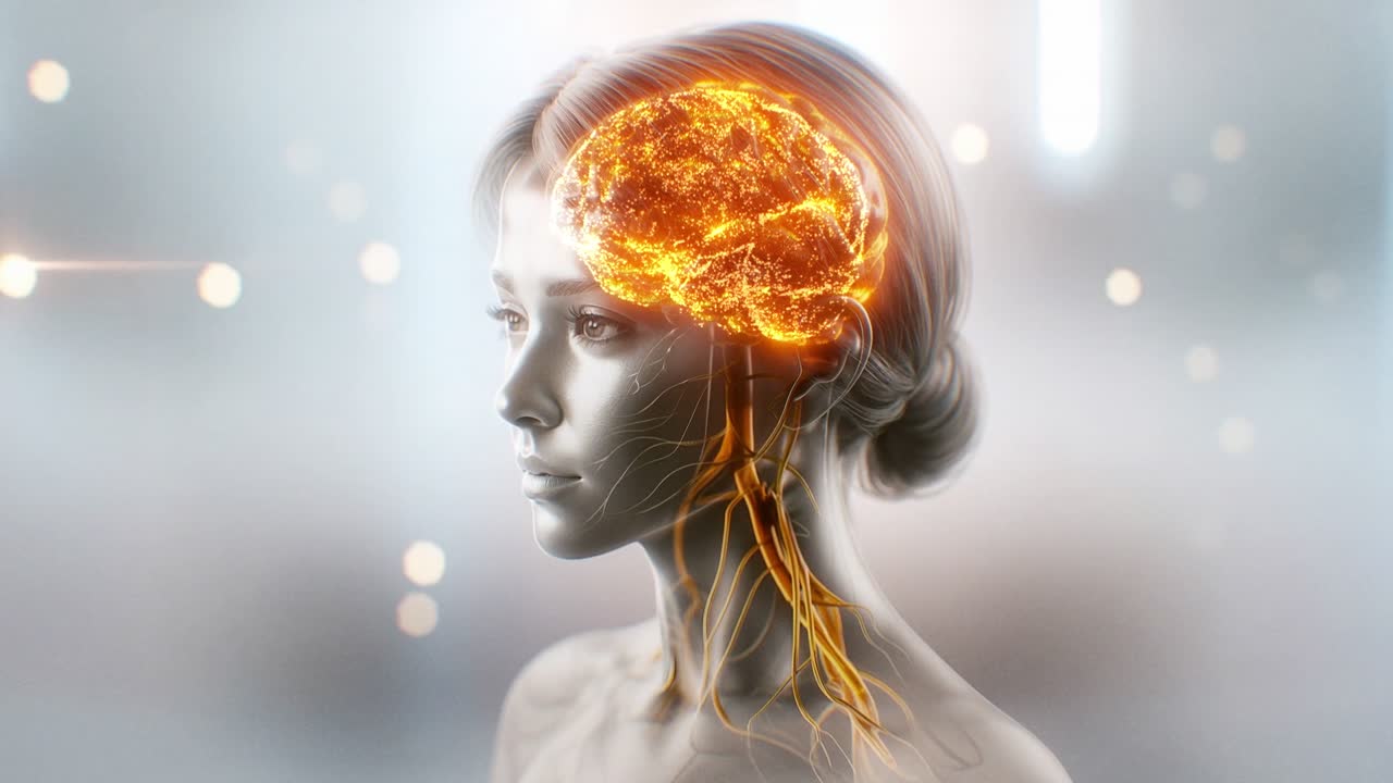 Rendering 3D di una testa femminile con cervello luminoso e sistema nervoso
