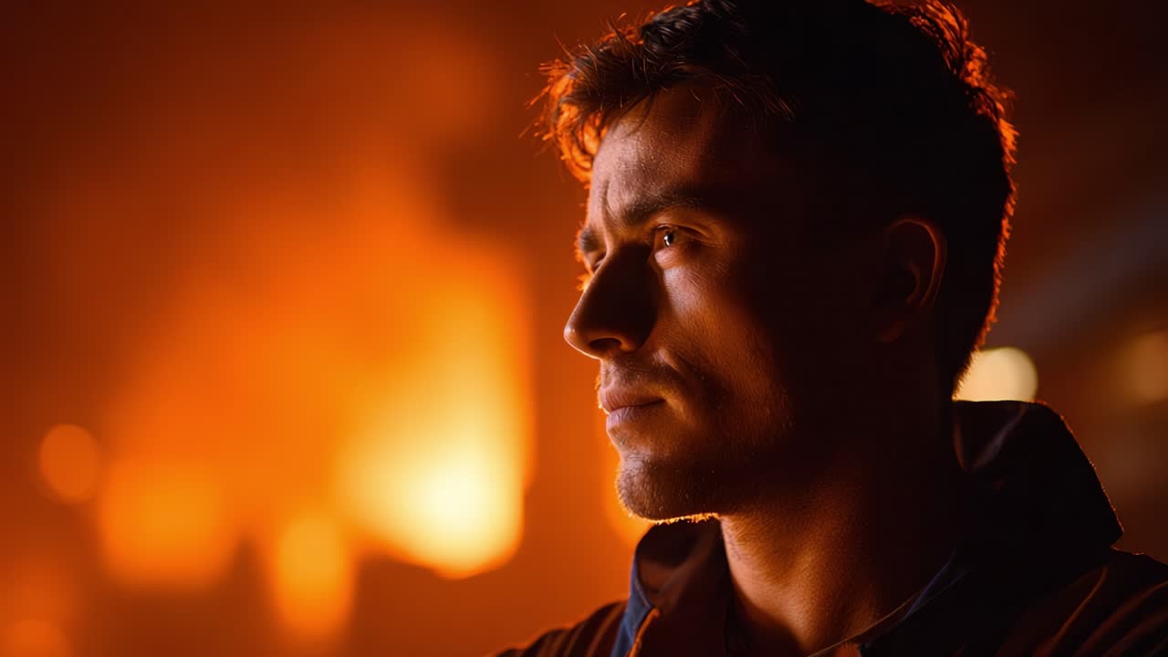 A focused young man gazes thoughtfully into the distance, illuminated by a warm orange glow, embodying a moment of reflection amidst an intense environment