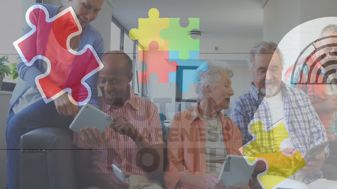 Animation of colourful puzzle pieces and autism text over senior friends using tablets