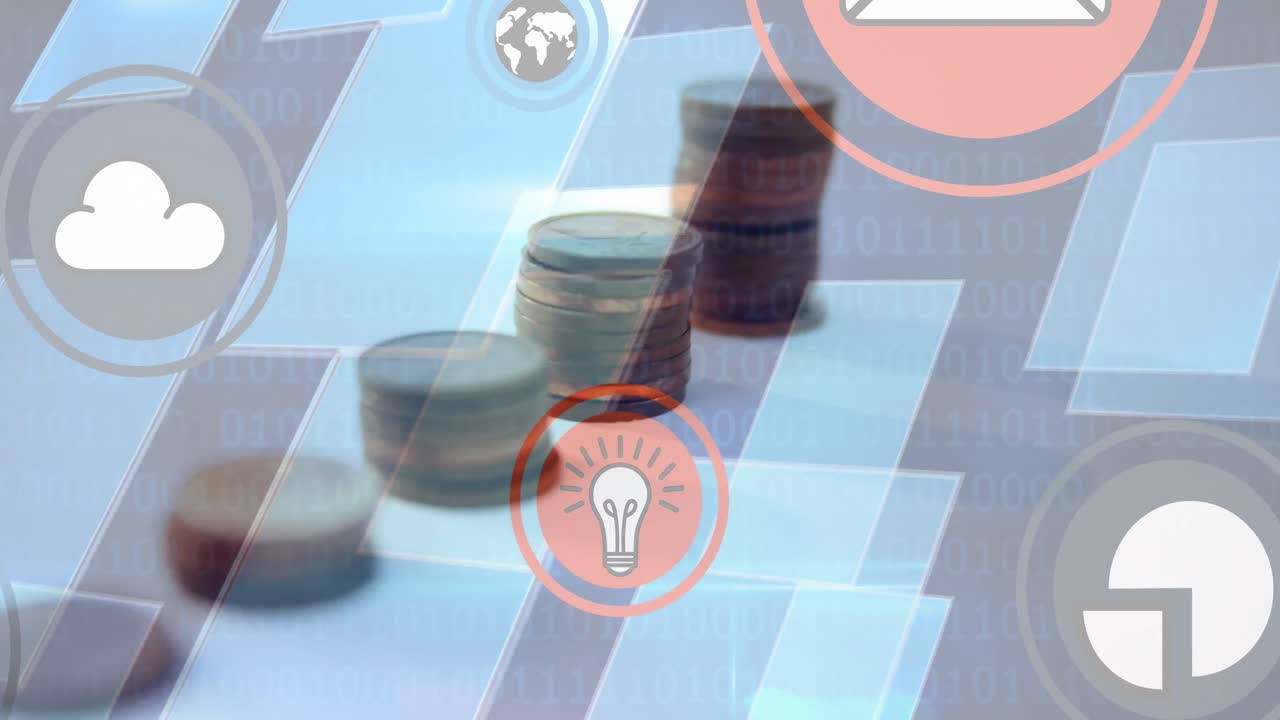 animación de iconos digitales sobre pilas de monedas y codificación binaria en el fondo
