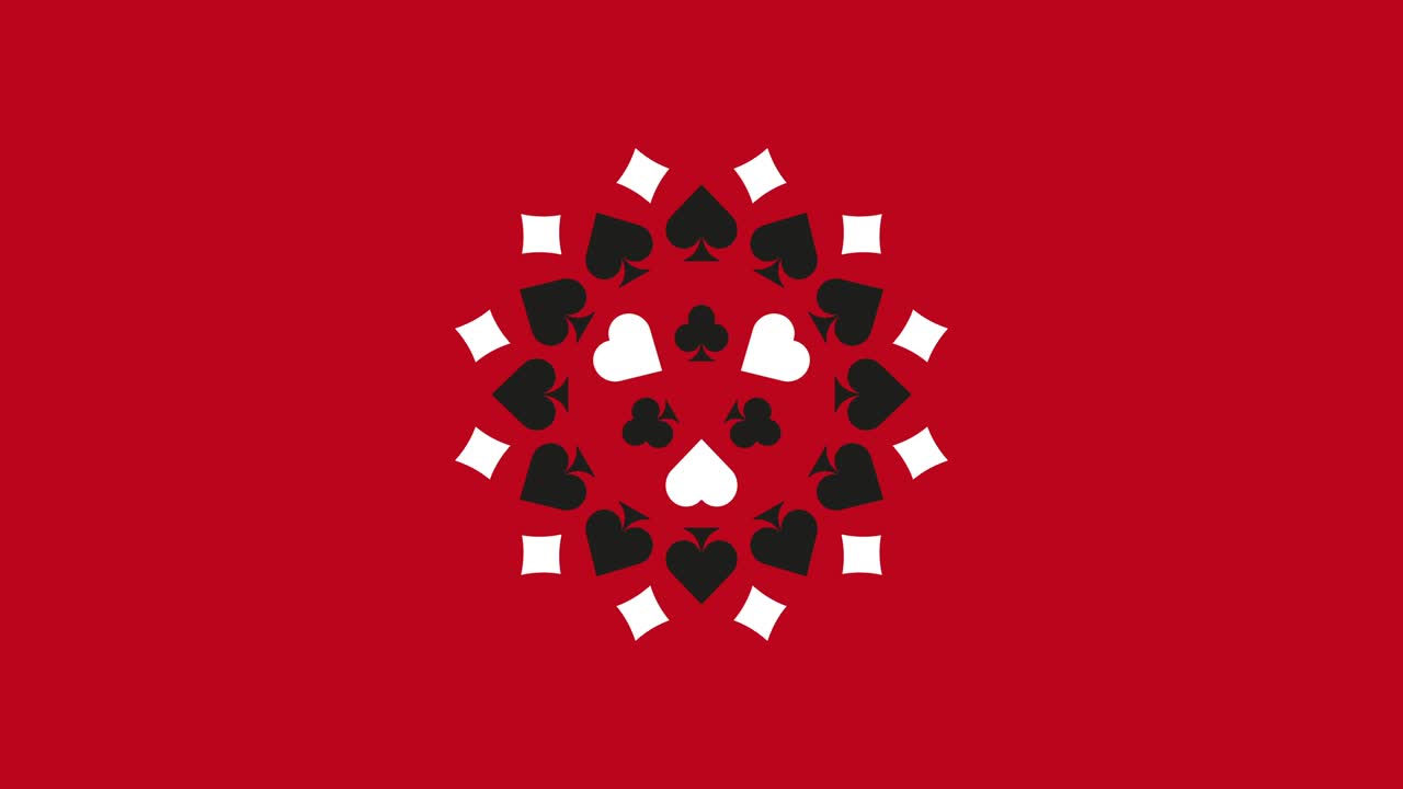 빨간색 바탕에, 간단한 모션 그래픽 도박 개념 애니메이션 로제트와 플레이 카드 기호 (다이아몬드, 클럽, 하트 및 스파드)