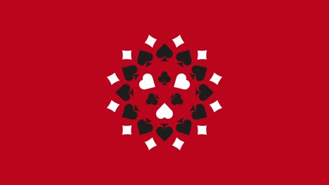 on a red backdrop, a simple motion graphic gambling concept animated rosette with playing card symbols (diamonds, clubs, hearts, and spades)