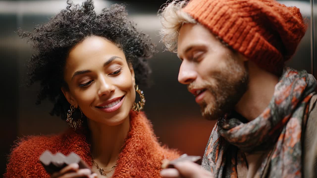 A Warm and Playful Moment Shared in an Elevator: A Couple Enjoys Chocolate Together, Capturing the Essence of Joy, Connection, and Sweet Indulgence in a Shared Experience of Delight
