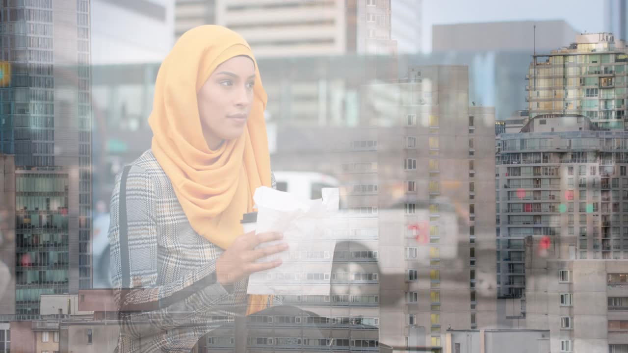 Animazione di donna asiatica con hijab seduta e che mangia su un paesaggio urbano.