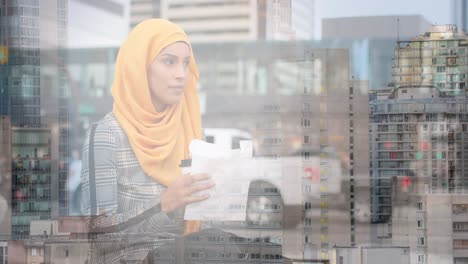 animation of asian woman in hijab sitting and eating over cityscape