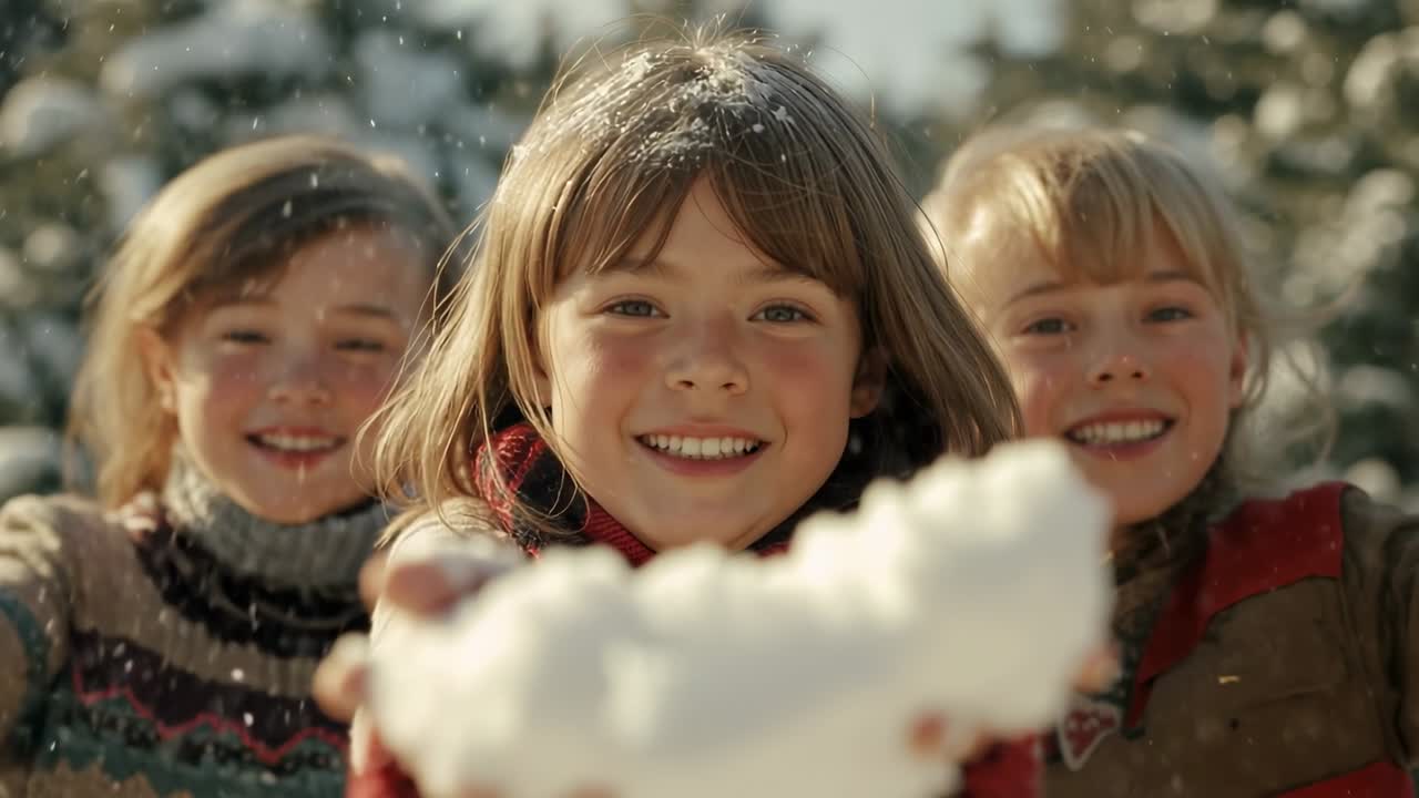 Scooping snow leading three children launching snow burst before evergreen trees, with smiles